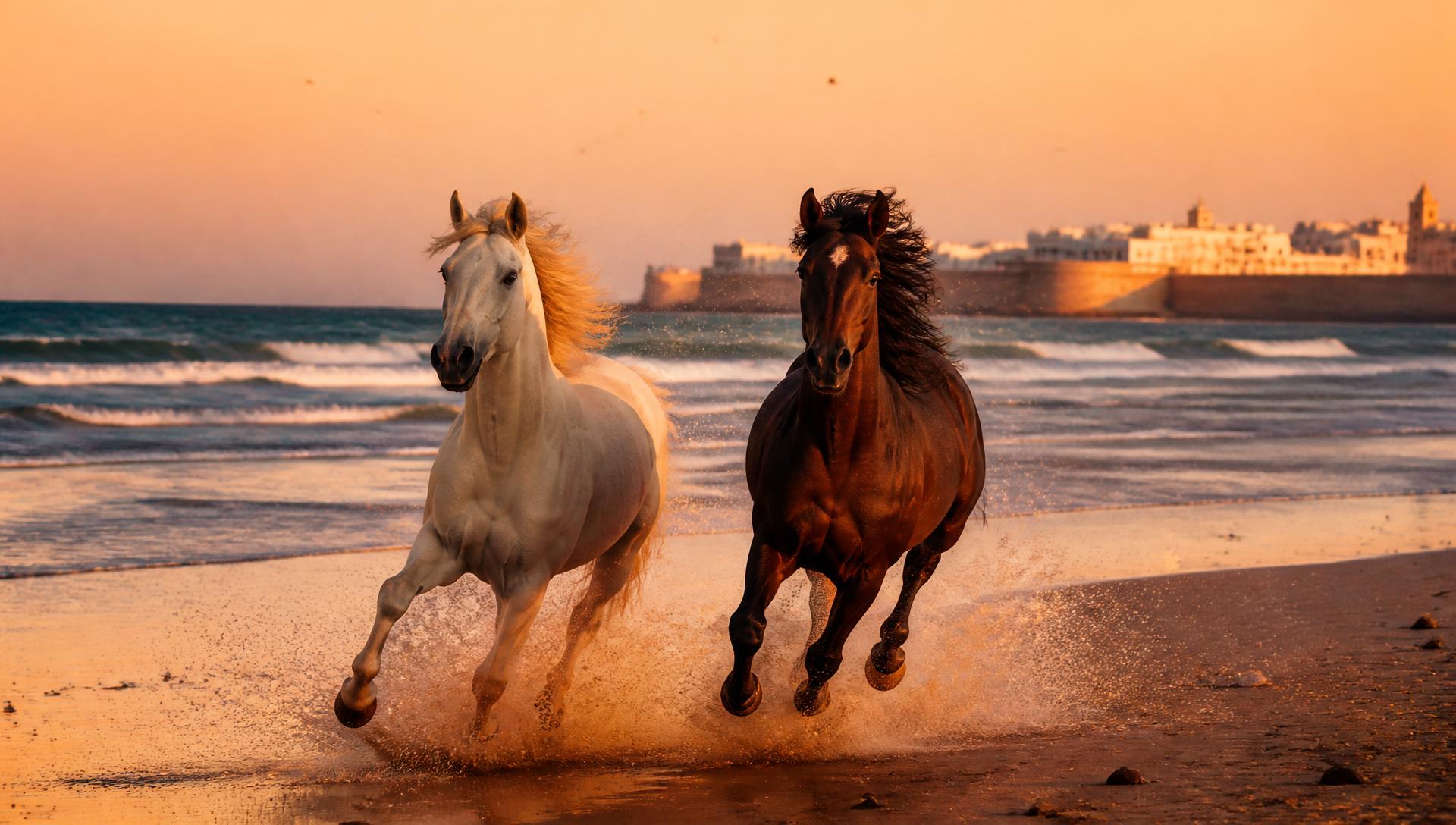 Two horses galloping freely in the surf at sunset on Essaouira beach